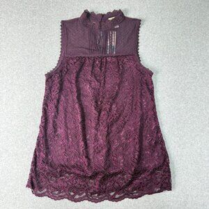 Oak & Trellis Lace Top Womens Medium Purple Sleeveless Mock Neck Swiss Dot Mesh